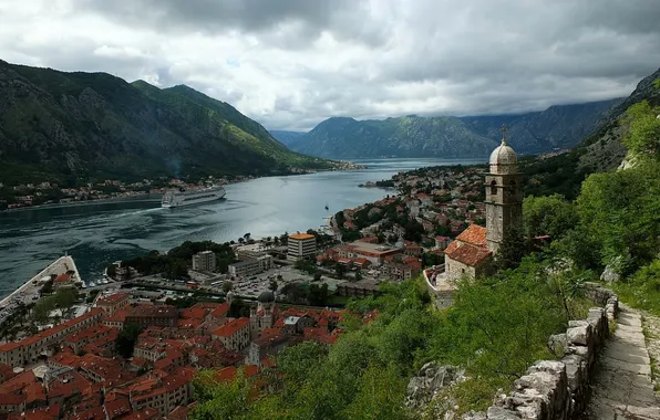 Картинка пейзаж, горы, церковь, панорама, лайнер, Черногория, Котор, Montenegro