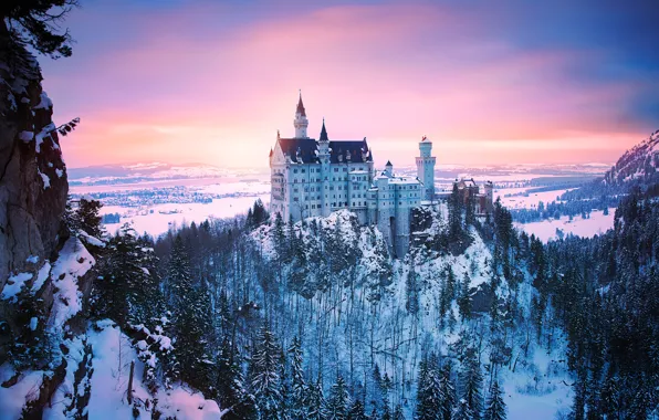 Картинка замок Нойшванштайн, свет, снег, зима, Германия, Бавария