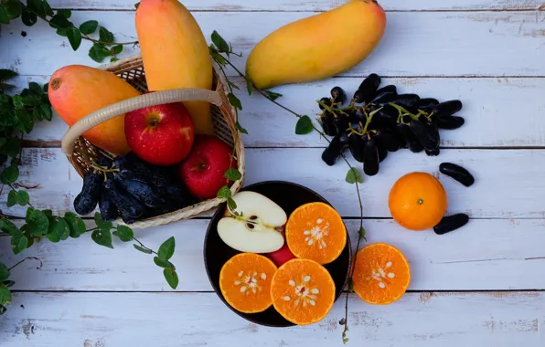 Картинка яблоки, фрукты, fresh, wood, fruits, папайя, мандарины