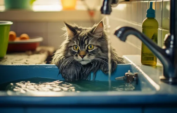 Кошка, кот, взгляд, вода, свет, мокрый, поза, кран