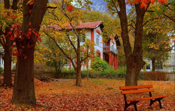 Картинка Осень, Скамейка, Дом, Парк, Fall, Листва, Park, Autumn