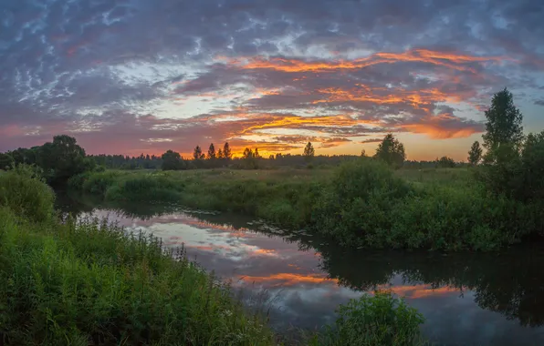 Лето, трава, закат, красота, вечер, речка, отражение в воде, Свистков Александр