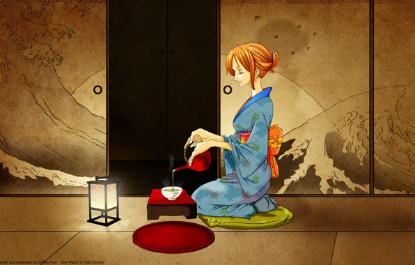 Комната, чай, кимоно, nami, one piece, японская одеда