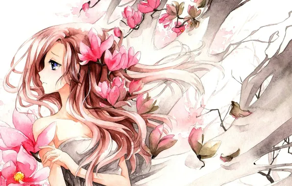 Картинка девушка, цветы, рисунок, розовые, магнолия