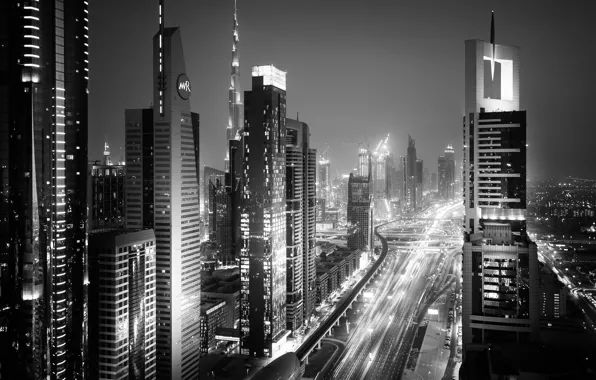 Свет, ночь, город, огни, Дубай, ОАЭ, чёрно - белое фото
