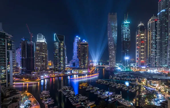 Свет, ночь, город, огни, вечер, Dubai, ОАЭ, Marina