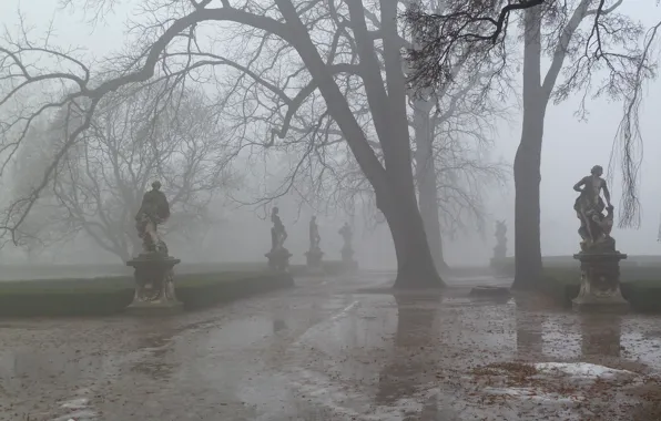 Дорога, туман, парк, весна, дымка, скульптура, слякоть
