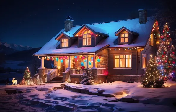 Картинка зима, снег, украшения, ночь, lights, дом, елка, colorful