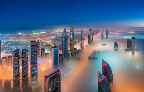 Небо, город, огни, туман, дома, вечер, панорама, Дубай