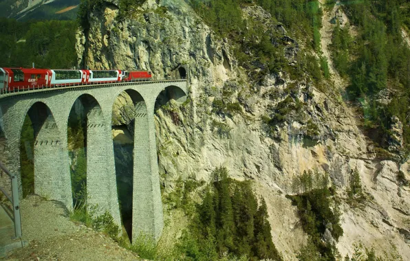 Горы, поезд, Швейцария, вагон, тоннель, путепровод