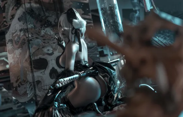 Взгляд, атмосфера, katana, cosplay, sexy babe, NIER Automata