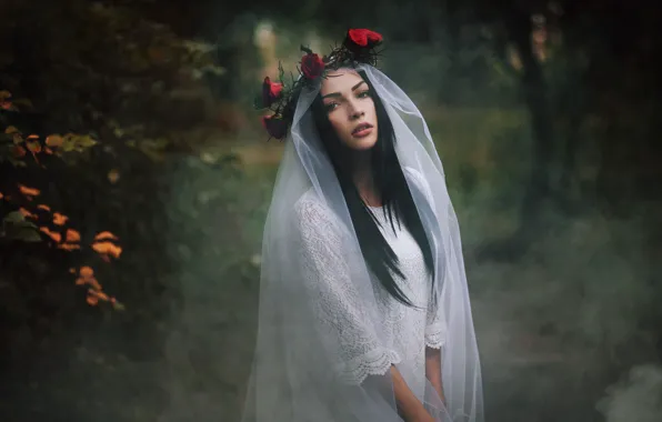 Девушка, природа, венок, фата