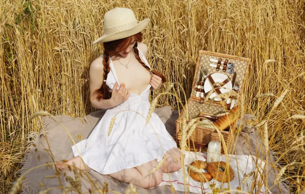 Поле, грудь, модель, шляпка, пикник, Jia Lissa
