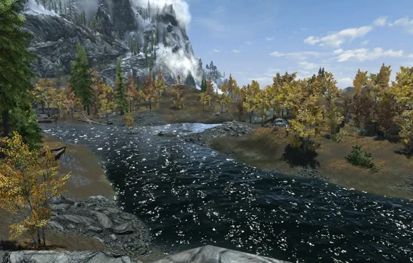 Деревья, горы, река, river, trees, skyrim, скайрим, mounatin