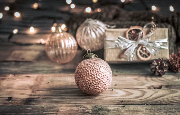 Украшения, lights, шары, Рождество, Новый год, christmas, balls, wood
