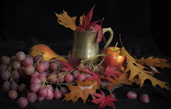 Картинка листья, яблоко, виноград, чашка, груша, натюрморт