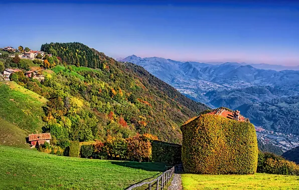 Картинка деревья, горы, дома, склон, Италия, солнечно, Lombardy, Aviatico