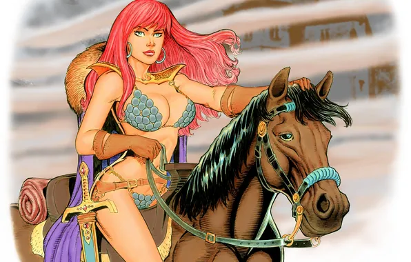 Картинка взгляд, оружие, лошадь, Red Sonja, Рыжая Соня, Dave Hoover, женщина воин