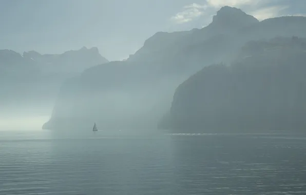 Картинка туман, парусник, утро, Швейцария, Bauen, озеро Люцерн, кантон Ури