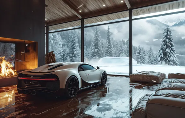 Картинка Bugatti, Cars, Winter, Fireplace, Cozy, Bugatti Chiron, Hyper Car, Aesthetic interior