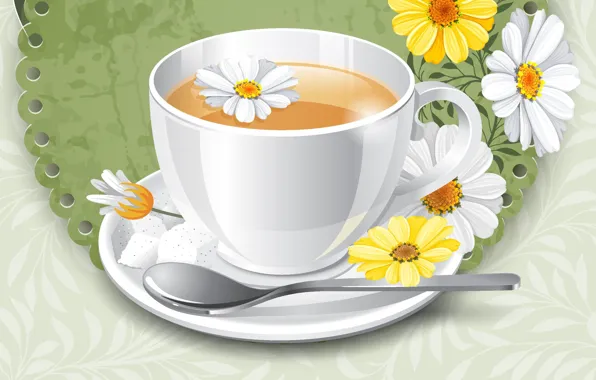 Картинка цветы, фон, чай, ромашки, чашка, блюдце