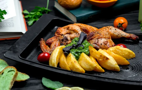 Картинка board, fried, chicken, potatoes, furnace