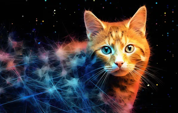 Кошка, кот, взгляд, морда, абстракция, рыжий, разные глаза, ИИ-арт