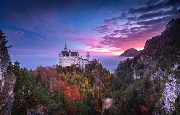 Закат, горы, замок, Neuschwanstein Castle