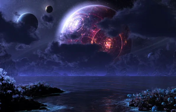 Картинка море, ночь, луна, планеты, digital, phraxis moon