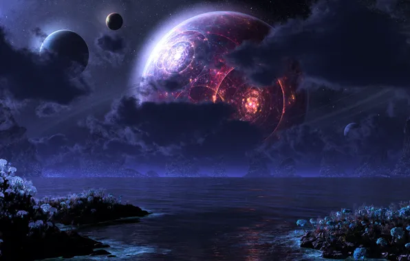 Море, ночь, луна, планеты, digital, phraxis moon
