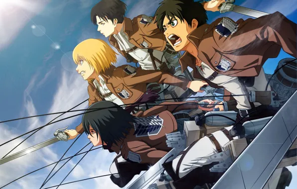 Небо, атака, эмблема, клинки, военная форма, Mikasa Ackerman, Levi, Eren Yeager