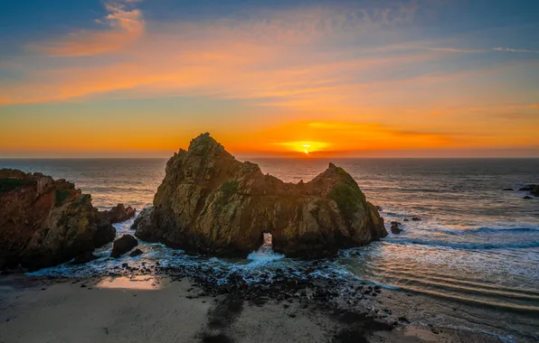 Скала, США, Побережье, закаты, Big Sur, Рассветы