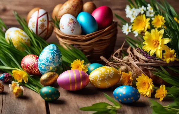 Картинка цветы, яйца, весна, colorful, Пасха, happy, flowers, spring