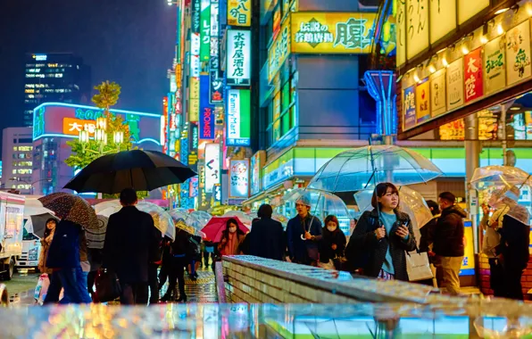Картинка цветы, ночь, огни, люди, метро, улица, неон, Япония