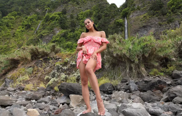 Long hair, nature, rocks, model, nude, Aria, outside, gorgeous