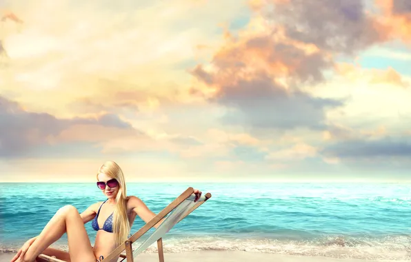 Песок, море, пляж, небо, облака, природа, girl, beach