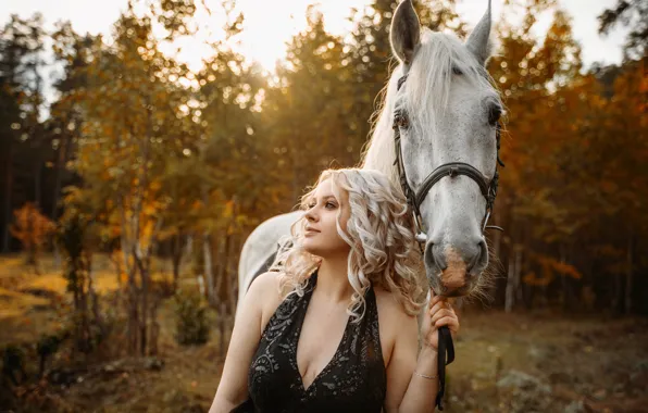 Осень, девушка, закат, платье, листопад, белый конь, солнеце