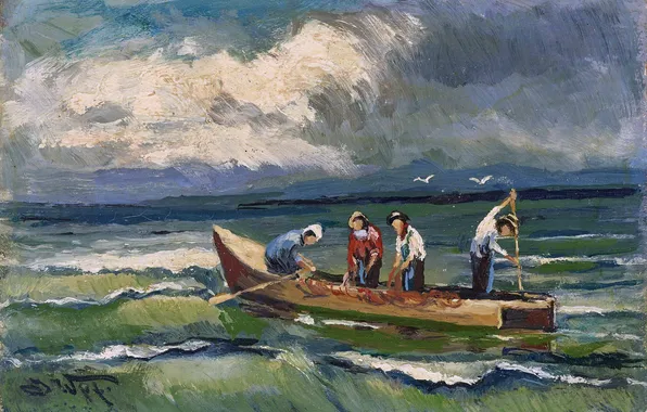 Облака, Волны, Река, Люди, Картина, Немецкий художник-пейзажист, Рыболовы на берегу реки Хиемзее, Йозеф Вопфнер