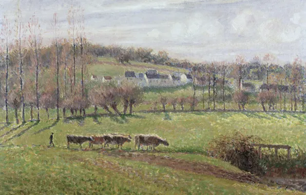 Дома, картина, коровы, Камиль Писсарро, Летний Пейзаж. Эраньи