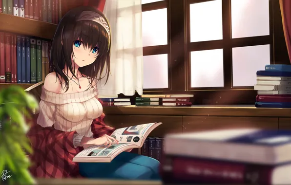 Девушка, книги, anime, art, idolmaster, tagme, sagisawa fumika