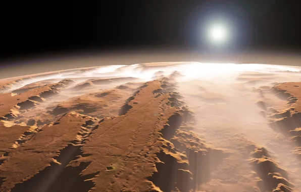 Картинка солнце, туман, планета, каньон, Марс