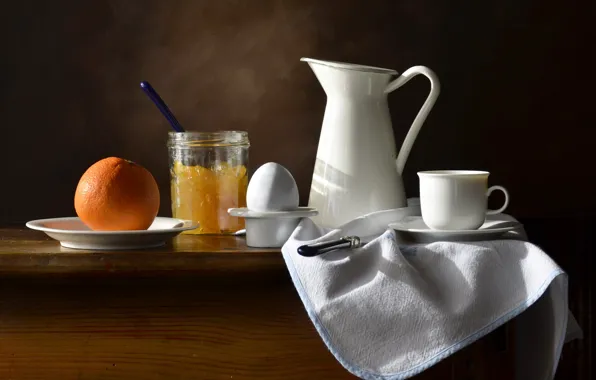Яйцо, апельсин, посуда, натюрморт, джем