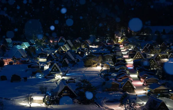 Зима, снег, ночь, Япония, городок, Сиракава
