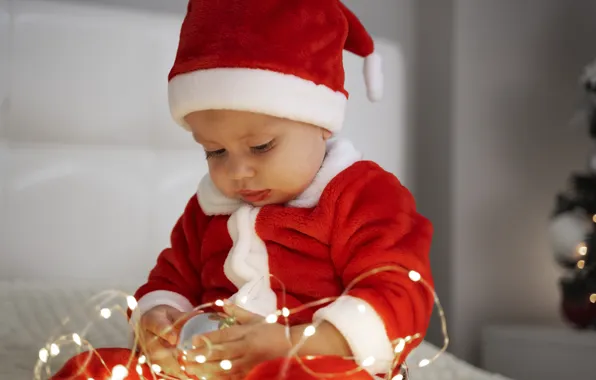 Мальчик, Рождество, Новый год, гирлянда, Санта Клаус, ребёнок