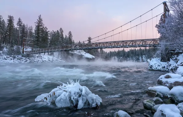 Картинка зима, мост, река, утро