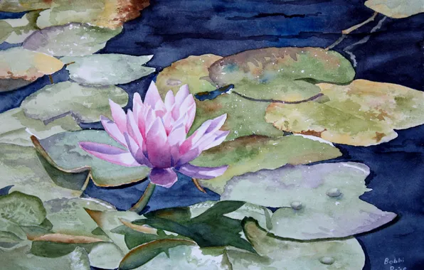 Картинка листья, акварель, лотос, озеро