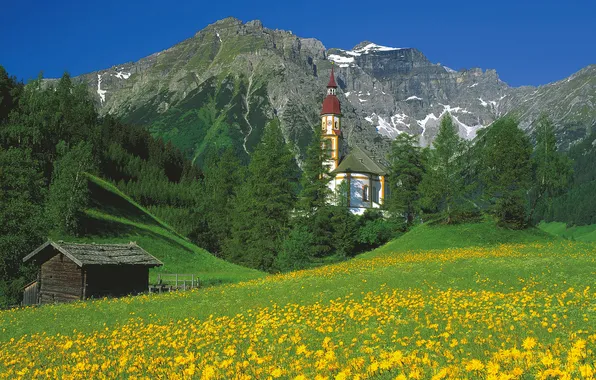 Картинка небо, цветы, горы, Австрия, луг, церковь