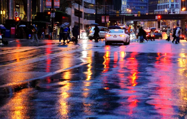 Картинка город, огни, движение, дождь, суета