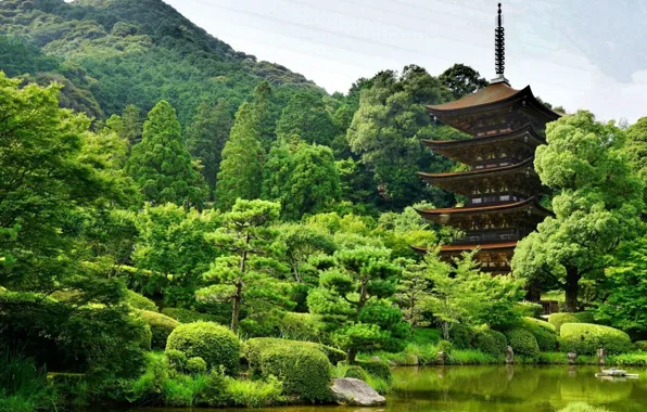 Пруд, пагода, Japan, Yamaguchi, зелень природы