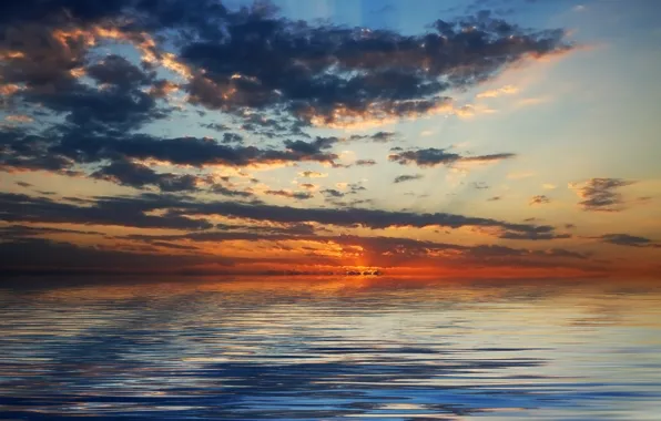 Картинка небо, океан, горизонт, облака.восход